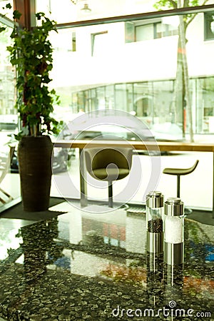 Salt and pepper on table Stock Photo