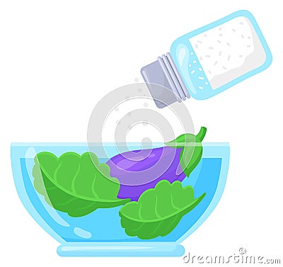 Salt pouring on vegetables in glass bowl. Cooking color icon Vector Illustration