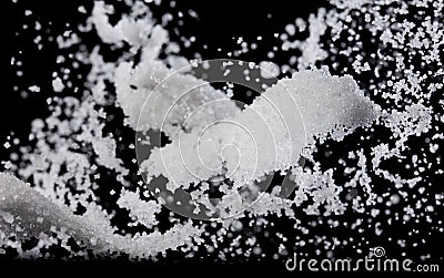 Salt powder pour fall in bowl, white Salt crystal cook abstract cloud fly. Ground salt splash in air, food object element design. Stock Photo