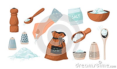 Salt set sketch. Hand drawn salty seasoning in spoons and bowls. Glass bottles and wooden mills with sea crystals. Spice Vector Illustration