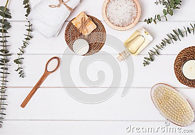 Salt, soap, massage brush, aroma oil and other spa related obje Stock Photo