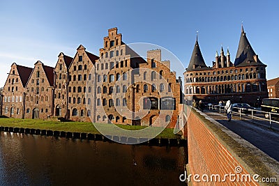 Salt storehouses and Holsten Gate in Lubeck, Germany Editorial Stock Photo