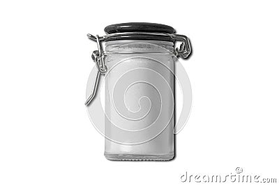 Salt or sugar glass container with metal lid. Airtight clear glass jar mockup isolated on white background. Stock Photo