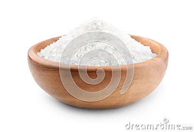 Salt in a wooden bowl isolated Stock Photo