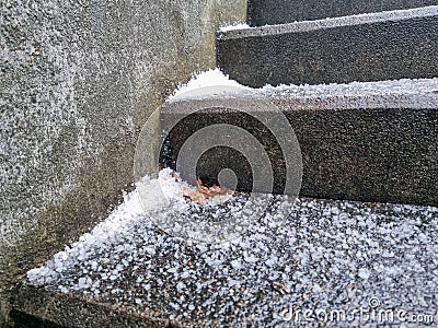 Salted concrete stairs winter in Denmark - prevention of ice formation Stock Photo