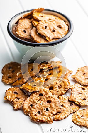 Salted mini flat pretzels Stock Photo