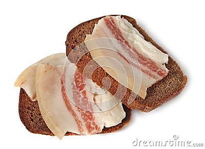 Salted pork fat and Borodinsky rye bread isolated on white background Stock Photo