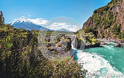 Saltos del Petrohue Waterfalls and Osorno Volcano - Los Lagos Region, Chile Stock Photo