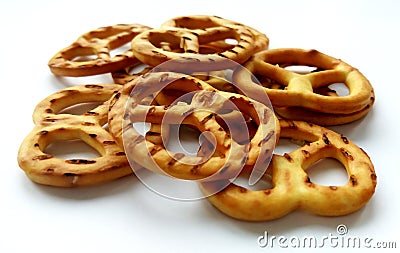 Salty crispy cracker pretzels on white background Stock Photo
