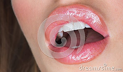 Salute with a smile. woman with white smile. Silicone injection for lips. lips of sexi woman. Silicone dental Stock Photo