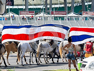 Military police cavalry doing security outside the football stadium for Bahia vs Vitoria game in Salvador, Bahia Editorial Stock Photo