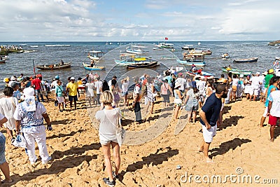 Candomble people are seen paying homage to Yemanja on Rio Vermelho beach Editorial Stock Photo
