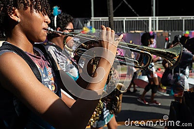 Musicians from traditional groups perform musically during the Fuzue pre-carnival in the city of Salvador, Bahia Editorial Stock Photo