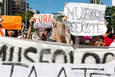 Brazilians protest against money cuts in education by President Jair Bolsonaro in the city of Salvador, Bahia Editorial Stock Photo