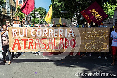 Protest by college students against money cuts in Brazilian education by President Jair Bolsonaro in the city of Salvador, Bahia Editorial Stock Photo