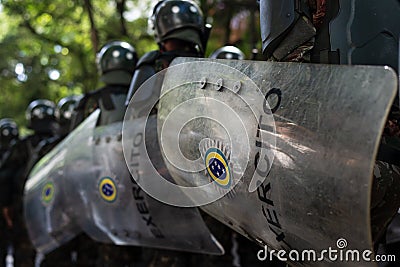 Army police soldiers parade during a tribute to Brazilian Independence Day in the city of Salvador, Bahia Editorial Stock Photo