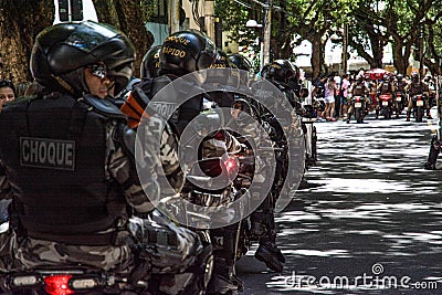 Military police motorcyclists are stopped during the Brazilian independence day parade Editorial Stock Photo