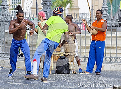 Salvador, Brazil, capoeira performance in the Central square in Pelorinho. Editorial Stock Photo