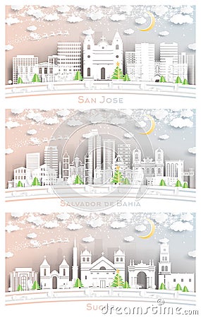 Salvador de Bahia, Sucre Bolivia and San Jose Costa Rica City Skyline Set Stock Photo