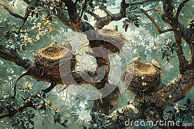 Salvadora persica tree with bird nests. Generative AI. Stock Photo