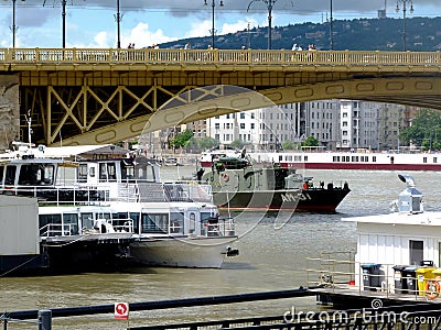 Salvage operations on the Danube under the Margaret bridge where a boat sunk 2 days earlier Editorial Stock Photo