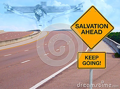 SALVATION AHEAD Road Sign w Jesus in Sky on Horizon Stock Photo