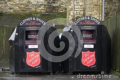 Glasgow, Scotland, February 13th 2022: The Salvation Army Clothes Bank in supermarket carpark Editorial Stock Photo
