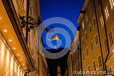 Salzburg, Austria - April 2015: old town streets architecture in the evening Editorial Stock Photo