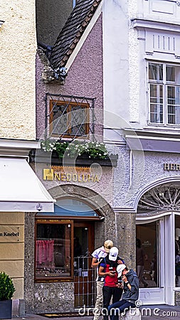 Narrowest house, landmark of downtown of Salzburg, Austria Editorial Stock Photo