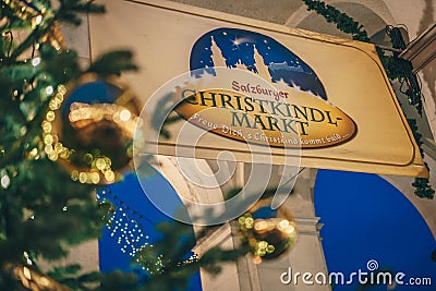 The Salzburg Christmas Market sign at the entrance to the advent Editorial Stock Photo