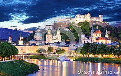 Salzburg city at night, Austria Stock Photo