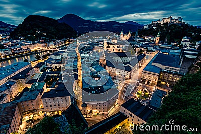 Salzburg at night with Festung Hohensalzburg Stock Photo