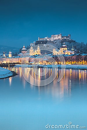 Salzburg old town at twilight in winter, Austria Stock Photo