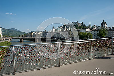 Salzburg, padlocks of love on a bridge, the Makartsteg, honey moon people love it in summer Stock Photo