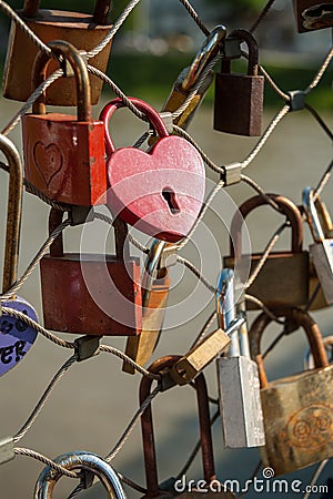 Salzburg, padlocks of love on a bridge, the Makartsteg, honey moon people love it in summer Stock Photo