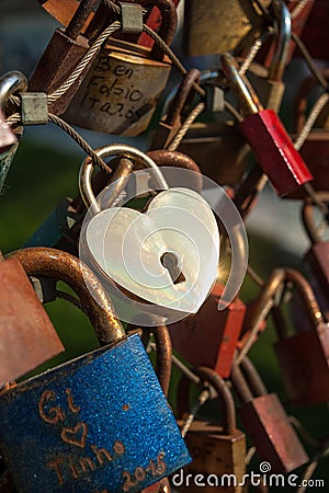 Salzburg, padlocks of love on a bridge, the Makartsteg, honey moon people love it in summer Stock Photo