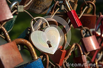 Salzburg, padlocks of love on a bridge, the Makartsteg, honey moon people love it in summer Stock Photo