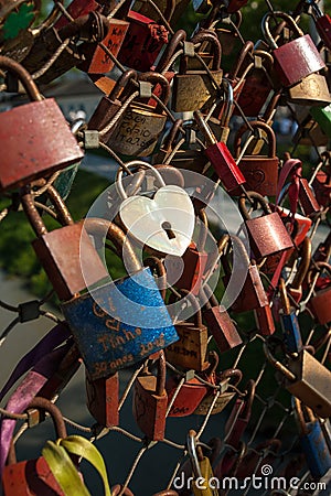 Salzburg, padlocks of love on a bridge, the Makartsteg, honey moon people love it in summer Stock Photo