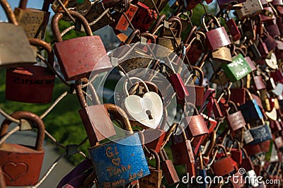 Salzburg, padlocks of love on a bridge, the Makartsteg, honey moon people love it in summer Stock Photo