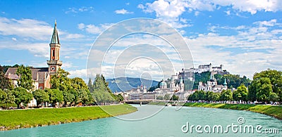 Salzburg skyline with Festung Hohensalzburg and river Salzach, Salzburger Land, Austria Stock Photo