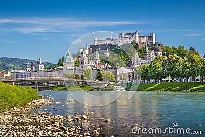 Salzburg skyline with river Salzach in spring, Austria Stock Photo