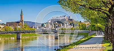 Salzburg skyline river Salzach in spring, Austria Stock Photo