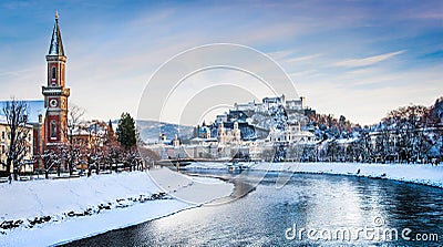 Salzburg skyline with river Salzach in winter, Austria Stock Photo