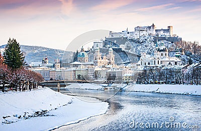 Salzburg skyline with river Salzach in winter, Salzburger Land, Austria Stock Photo