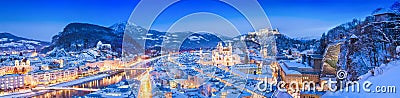 Salzburg skyline winter panorama at blue hour, Austria Stock Photo
