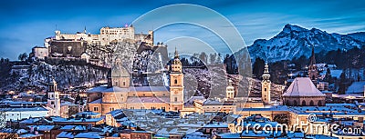 Salzburg winter panorama at blue hour, Salzburger Land, Austria Stock Photo