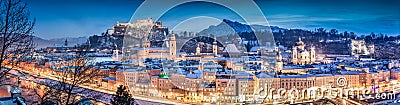 Salzburg winter panorama at blue hour, Salzburger Land, Austria Stock Photo