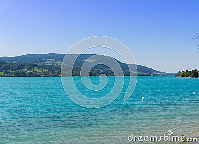 Salzburger Land Austria: View over lake Attersee - Austrian Alps Stock Photo