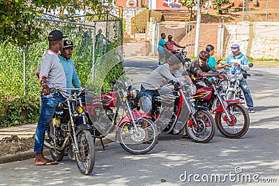 SAMANA, DOMINICAN REPUBLIC - DECEMBER 5, 2018: Motorcycle taxis in Samana town, Dominican Republ Editorial Stock Photo