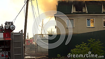 Samara, Russia - July 30, 2019: Russian firefighters extinguish a fire a three-story house. The big fire of a Editorial Stock Photo